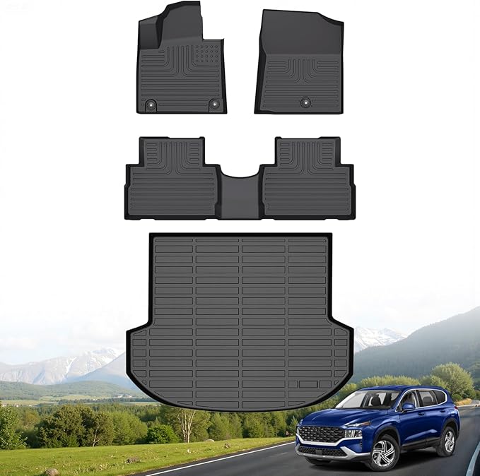 Hutisya-Floor Mats & Cargo Liner Set Fit for Hyundai Santa Fe 2021-2023（Gas Only） All Weather Protection Anti-Slip & Durable TPE Full Set Liners Automotive Accessories-Black