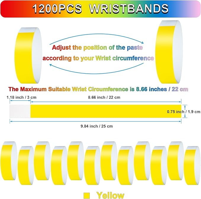 1200 Pcs Plastic Paper Wristbands for Events Neon Color Wrist Bands Concert Identification Wristbands Paper Bracelets Wristbands Party Hand Bands (Yellow)