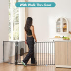 No Pawblems Free Standing Dog Gate with Cat Door, 30'' Tall Foldable Dog Fence for Indoor & Outdoor, Up to 104 Inch Extra Wide Puppy Gate for Stairs, Hallways, Doorways, Deck, Yard (Black, 4 Panels)
