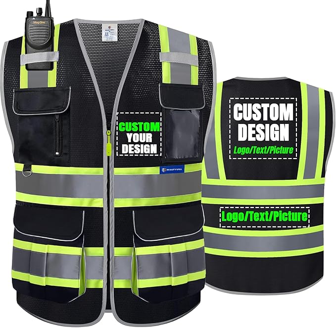 BeautyWill Safety Vest Class2 ANSI Certified Custom Logo High Visibility Reflective Vest for Men -10 Pockets Personalized Logo Heavy-Duty Work Vest（Mesh Black，XL）