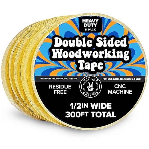 HIPPIE CRAFTER 5 Pack Double Sided Tape for Woodworking, 1/2 Inch Wide Heavy-Duty Sticky Tape for CNC Machines and Routing Templates, 60 Feet Each, 300ft Total