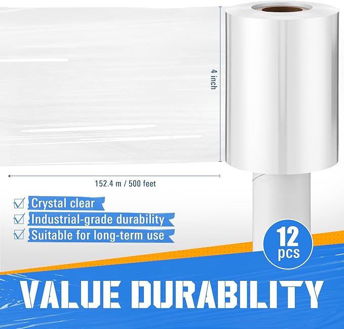 Frienda 12 Pcs 4 Inch Plastic Stretch Wrap Film Roll 500ft Clear Mini Moving Plastic Wrap Roll with Handle 80 Gauge Shrink Wraps Industrial Strength Shrink Film for Moving, Packing, Self Adhering
