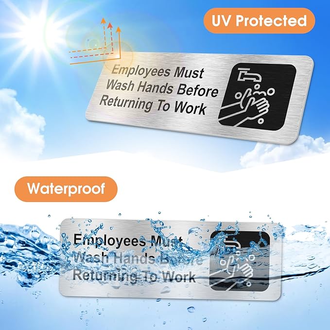 Faittoo Employees Must Wash Hands Before Returning to Work Sign, (8 Pack) Rust Free Brushed Aluminum Sign with Symbols, Self-adhesive, for Restaurant, Salons, Hotel, Rest Stops, Public Restrooms
