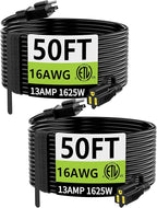 HUANCHAIN Indoor Outdoor Black Extension Cord, 50 ft 16/3 Gauge 2 Pack, Flame Retardant, Flexible 3 Prong Electric Cord, 13A 1625W 16AWG SJTW, Outdoor Waterproof Cord, ETL