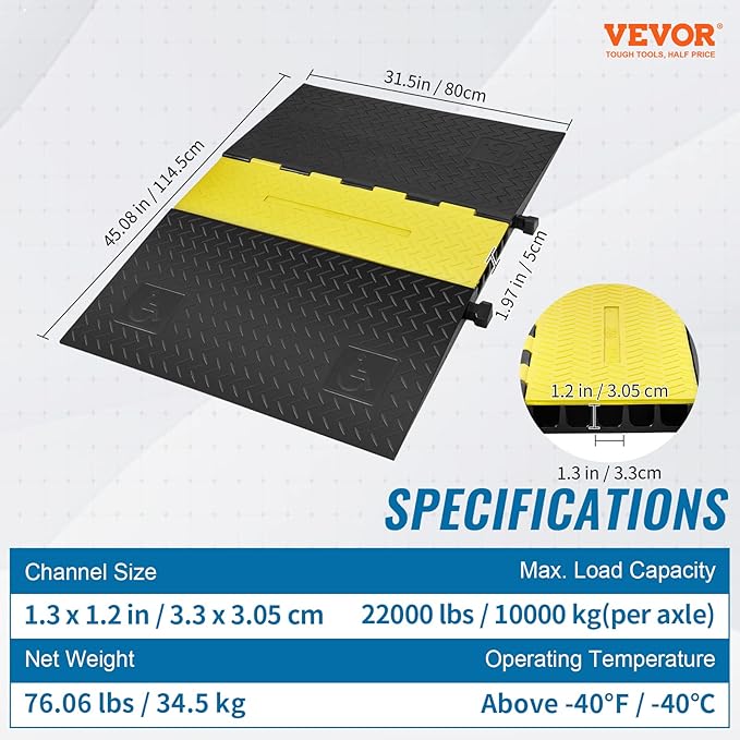 VEVOR 5 Channel Rubber Cable Protector Ramp, Heavy Duty 22000 lbs/axle Capacity Wire Hose Cord Cover Ramp, ADA Compliant Driveway Road Hump, Traffic Speed Bump w/Flip-Open Top Cover