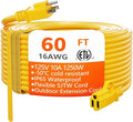 HUANCHAIN Outdoor Extension Cord 60 Foot Waterproof, 16/3 Gauge Flexible Cold-Resistant Appliance Extension Cable Outside, 10A 1250W 16AWG, 3 Prong Electric Cord Yellow, ETL