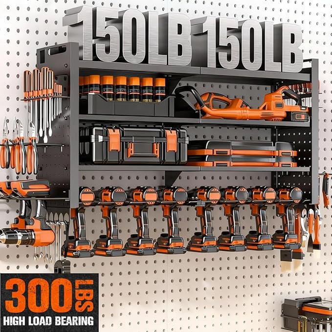 33" W Power Tool Organizer Wall Mount,4-Layer Heavy Duty Tool Storage with 10 Cordless Drill Holder,300 lb Capacity Garage Organization for Garage and Workshop,Black
