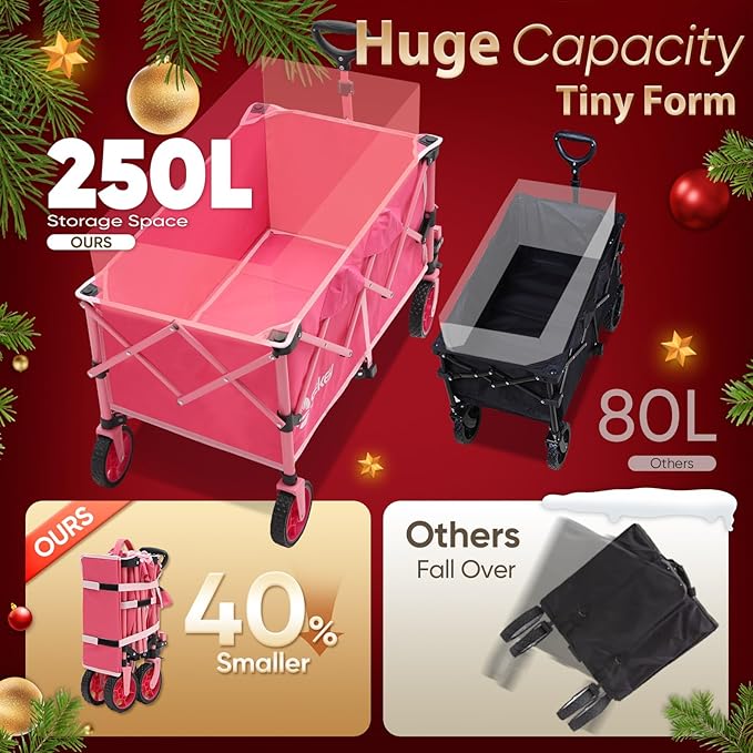 Sekey Pink Collapsible Foldable Wagon with 330lbs Weight Capacity, Heavy Duty Folding Wagon Cart with Big All-Terrain Wheels & Drink Holders. Pink