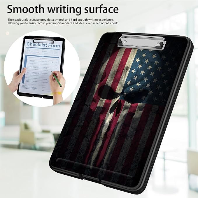Clipboard with Storage,Office Supplies Nursing Clipboards Folder with Pen Holder Plastic Foldable Clip Board with Storage for Nurse Teacher,Skull Flag