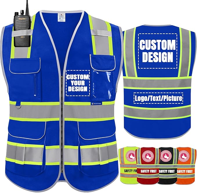 BeautyWill Custom Logo 10 Pockets Safety Vest Class2 ANSI Certified High Visibility Reflective Vest