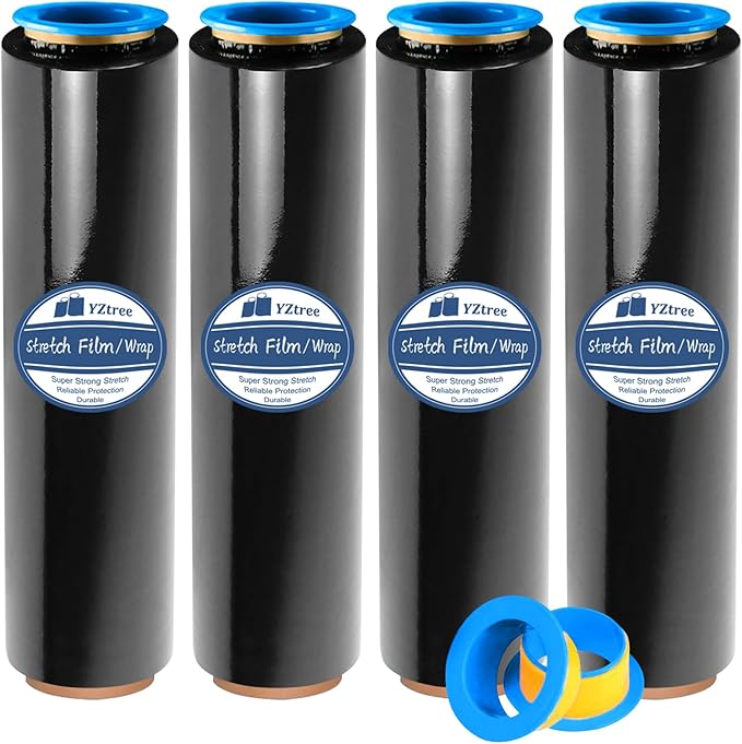 Black Pallet Wrap Stretch Film: 4 Pack Moving Wrapping Plastic Roll with 2 Handles, 18" Strength up to 800%, 80 Gauge Thick Shrink Wrap Roll for Pallet Packaging, Transportation, Stability, Protection