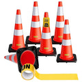 6 Pack 28 Inch Traffic Cones with Black Base, from -22℉ to 131℉, MUTCD-Compliant Orange Safety Cone with Reflective Collar ＆ Extra Caution Tape for Parking Lot, Construction Work, Road Safety