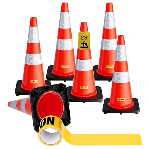 6 Pack 28 Inch Traffic Cones with Black Base, from -22℉ to 131℉, MUTCD-Compliant Orange Safety Cone with Reflective Collar ＆ Extra Caution Tape for Parking Lot, Construction Work, Road Safety