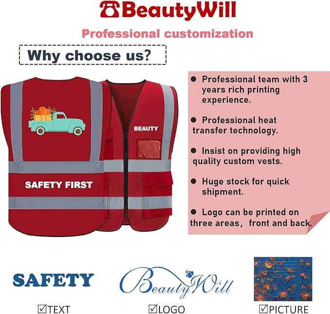 BeautyWill Custom Logo 10/20 Pack Safety Vest Class2 High Visibility Vest with Pockets Breathable Construction Vest Bulk