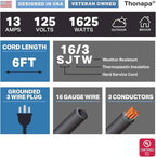 13 Amp Outdoor Extension Cord 6 ft, 16/3 SJTW 6 Foot Black Extension Cord 3 Prong, Weatherproof Exterior Power Cable for Outside Lights & Lawn, UL Certified - US Veteran Owned