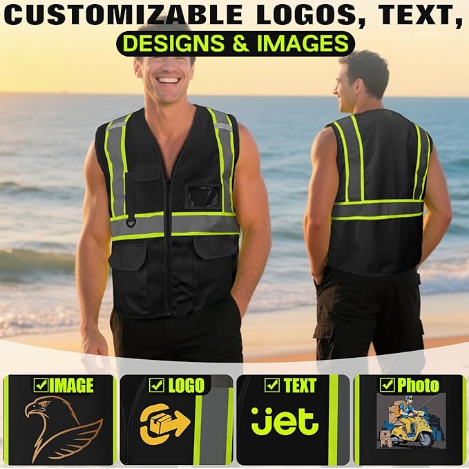 Safety Vest Customize Logo with 5 Pockets & Zipper Reflective High Visibility Vest Class 2 Outdoor Workwear