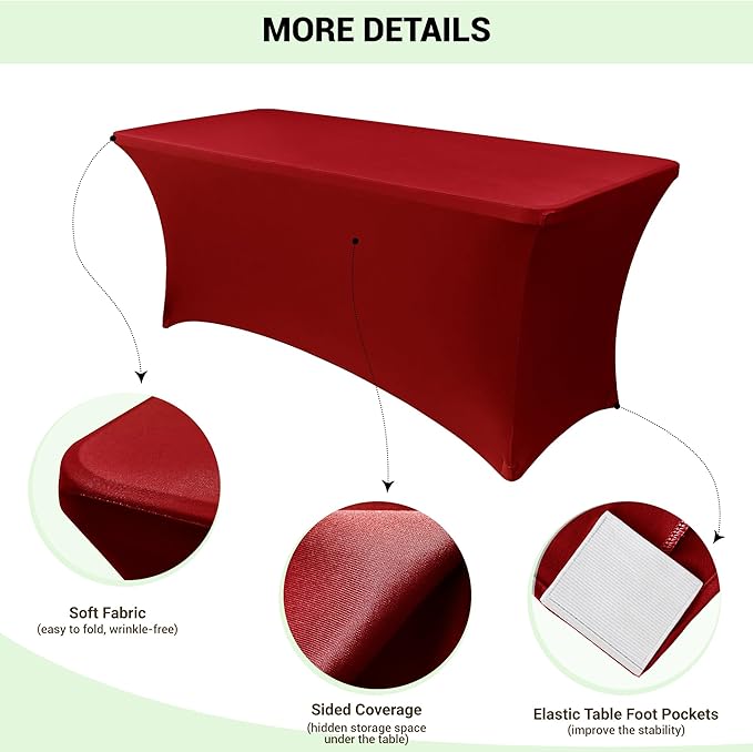 Obstal 6 Pack Stretch Spandex Red Table Covers for 6 Foot Tables - 6 FT Universal Rectangular Fitted Tablecloth Protector for Wedding, Banquet, Party, 72 Length x 30 Width x 30 Height Inches