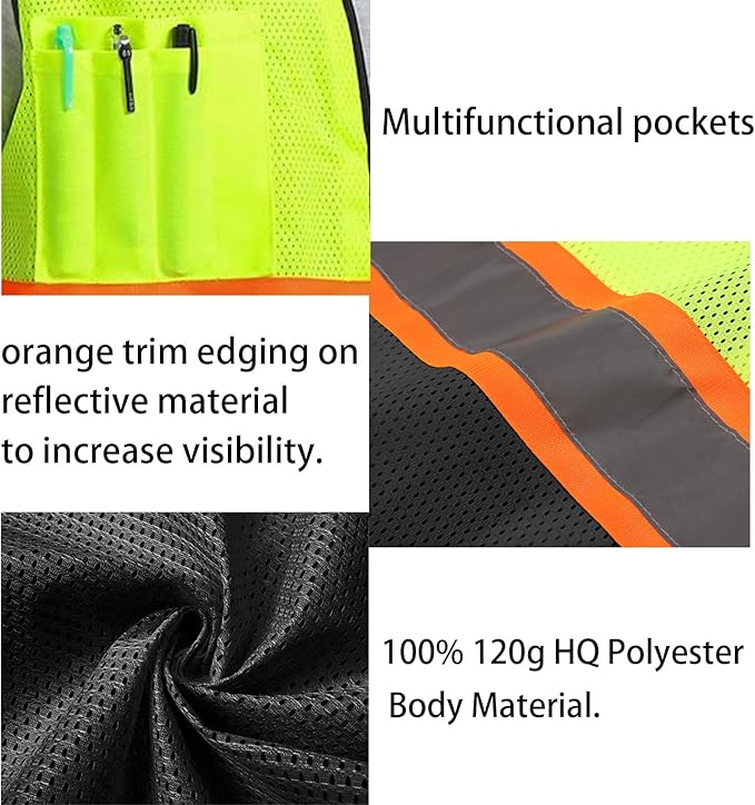 Safety Vest Customize Logo with 5 Pockets & Zipper Reflective High Visibility Vest Class 2 Outdoor Workwear