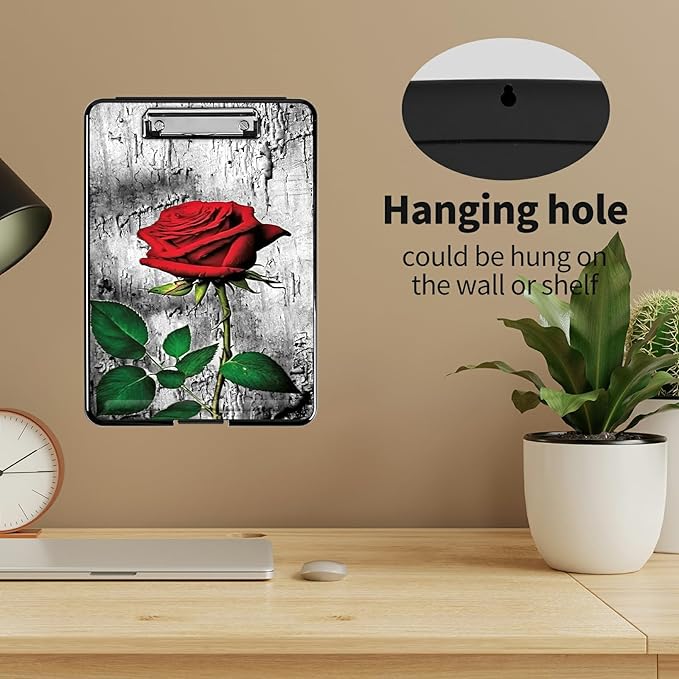 A4 Clipboards,Heavy Duty Waterproof Nursing Plastic Folder Clipboard with Storage Clip Boards,File Folder Storage Box Clipboard Case for Teacher,Doctor,Offices,Elegant Red Rose