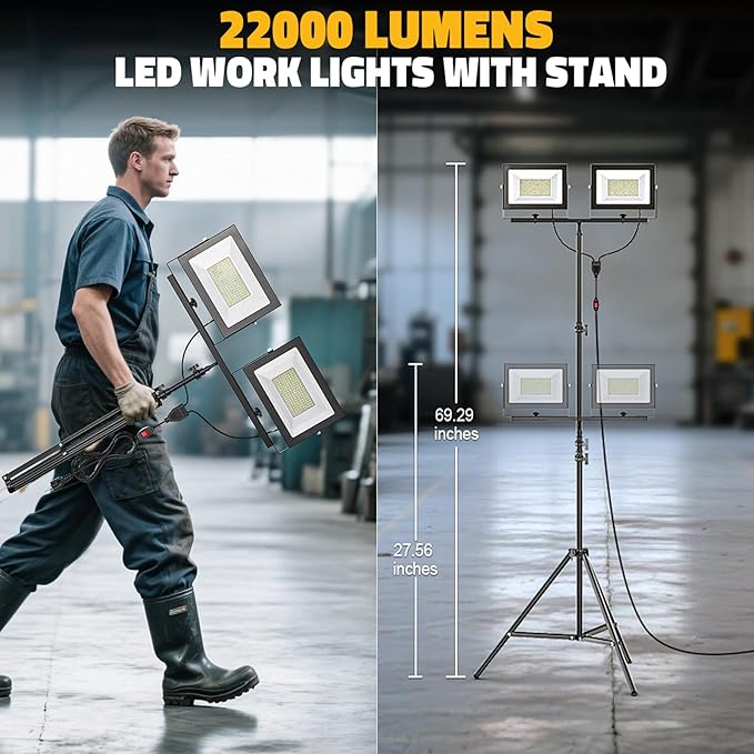 LIVOWALNY 22000 lm LED Work Light with Stand Pack of 2, 220W 2 Adjustable Head Tower Light with 13FT Cord, Portable IP65Waterproof Tripod Flood Light for Job Site Workshop Garage Construction Lighting