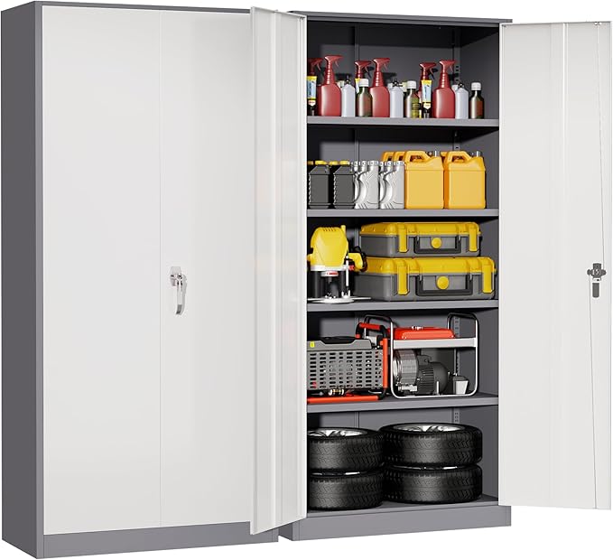 Superday Metal Storage Cabinet with Lock, 72" H Garage Storage Cabinet with Doors and 4 Adjustable Shelves,White Grey Steel Locking Cabinets for Office, Home, Garage, Gym, School