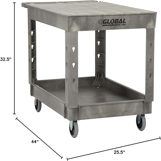 Global Industrial Plastic 2 Flat Shelf Service & Utility Cart, 44" x 25-1/2", 5" Rubber Caster
