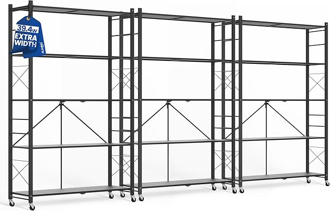 ALANNG 40" W Foldable 5-Tier Storage Shelves with Wheels, Adjustable & Removable Metal Rack, Heavy Duty Rolling Organizer for Kitchen, Garage, Closet, Pantry, and Office (Black,3 Pack)