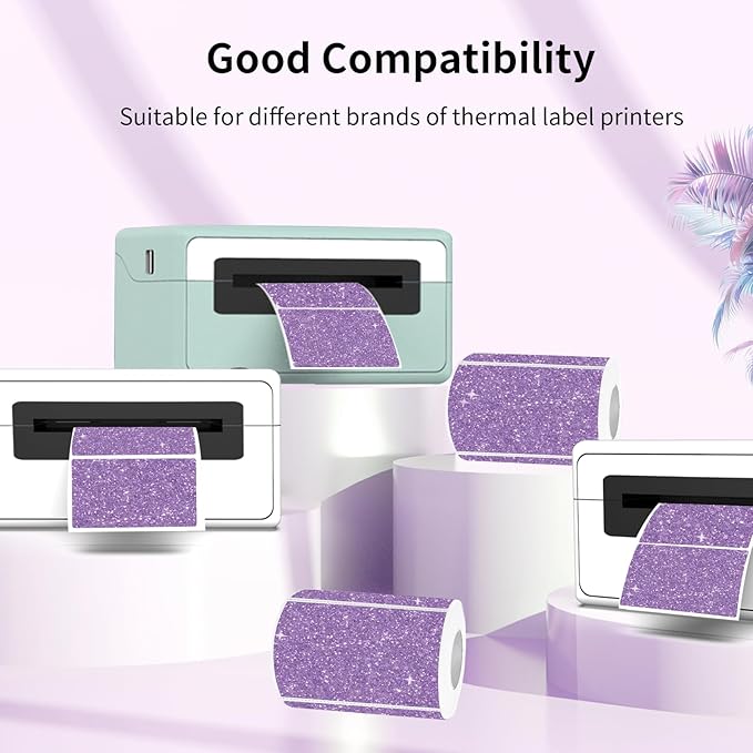 3x2 Inch Holographic Thermal Labels, Purple Thermal Sticker Labels, Glitter Thermal Stickers for DIY Custom Logo, Perforation Line Design- 200 Sheets