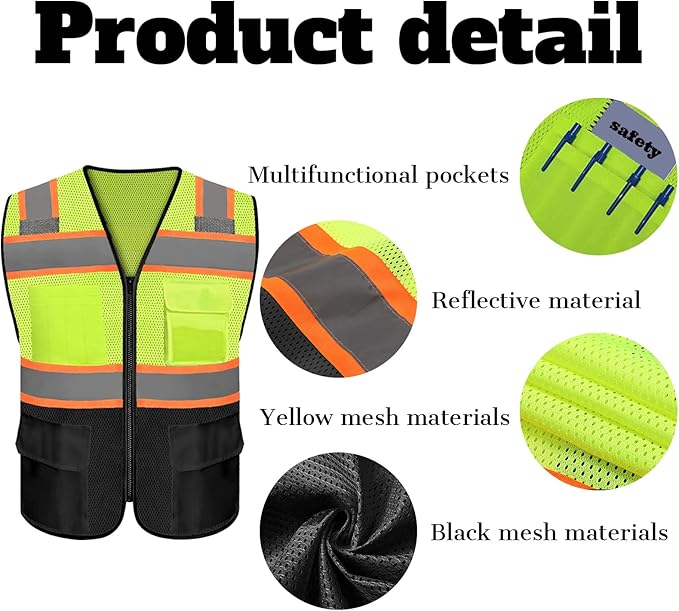 Safety Vest Reflective High Visibility with 5 Pockets ＆Zipper Class 2 Adult Unisex Construction Security Workwear