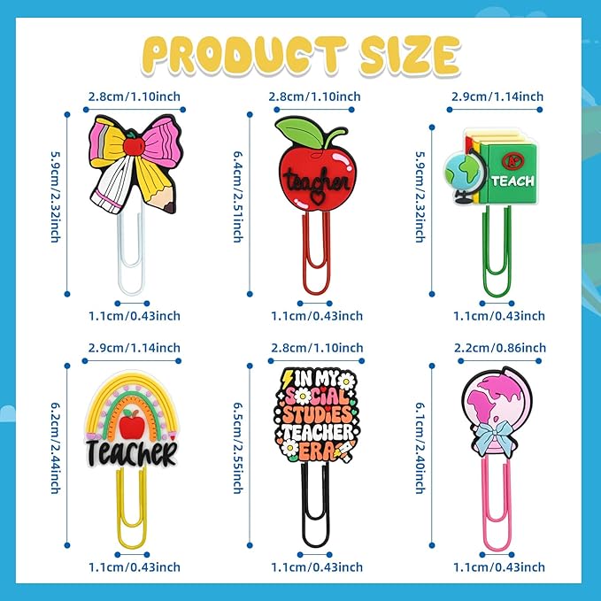 30 PCS Teacher Paper Clips Metal Paperclip Large Size Paper Clip Cute Bookmark Colorful Office Supplies Bookmark Clamp Desk Accessories Stationery for School Gifts for Christian