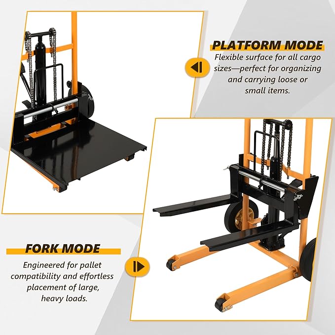 Manual Forklift Pallet Stakcer 43.3" Lift Height with Adjustable Forks and Fixed Legs Pallet Truck Dolly Stacker, 450 Lbs Capacity Hydraulic Material Lift for Supermarket, Warehouse, and Household