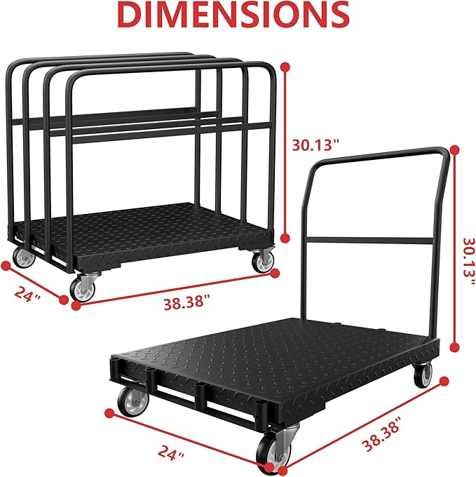 Drywall Cart, Heavy Duty Flatbed Carts and Panel Cart Dolly with 5 Handles, 1500LBS Load Capacity, Carbon-Steel Construction with Anti-Slip Pattern, 38.38" x 24" Inch Platform Truck, Black