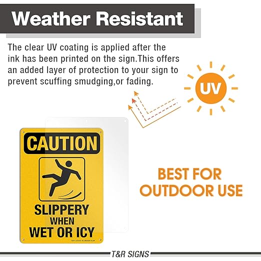 Slippery When Wet Or ICY Sign, Caution Sign, 2 Pack, 10" x 7" Rust Free .040 Aluminum, UV Protected, Waterproof, Weatherproof and Fade Resistant, 4 Pre-drilled Holes