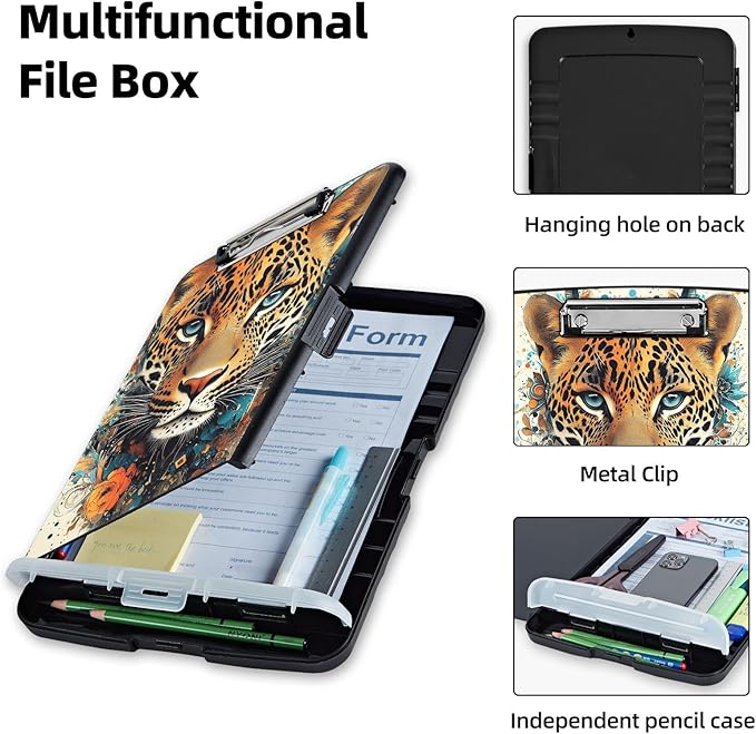 Clipboard with Storage Box & Pen Holder,Heavy Duty Clip Boards 8.5x11 for Nursing,High Capacity,School & Office Supplies,Leopard Floral