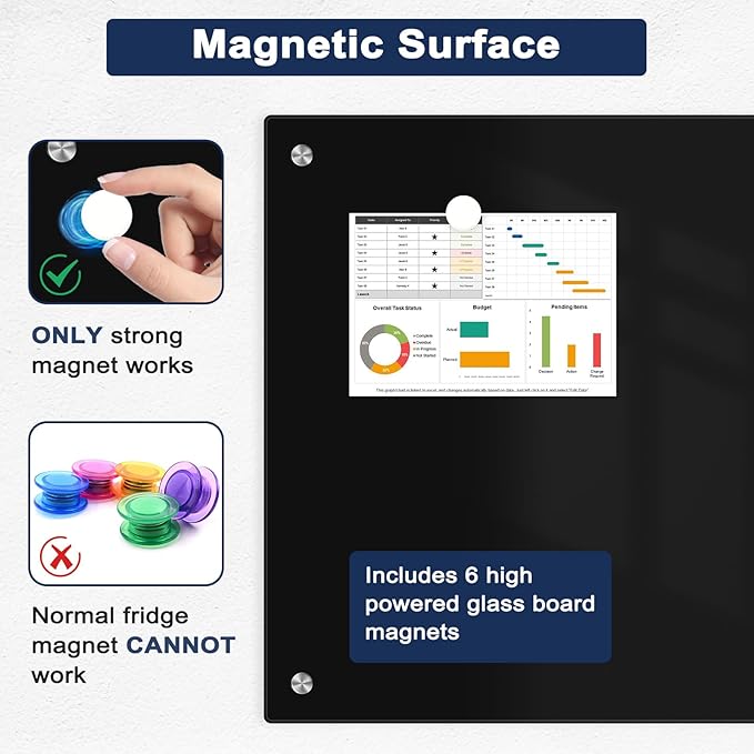 Black Dry Erase Board, 24" x 18" Magnetic Glass Whiteboard for Wall, Black Glass White Board with 1 Marker Tray and 3 Magnets for Office, Home, Classroom
