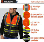 BeautyWill Custom Safety Vest Customized Logo Mesh Vest Class2 High Visibility Reflective Vest with Pockets Orange Workwear（Orange Black，L ）