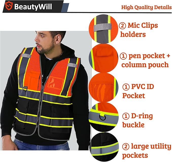 Custom Safety Vest Customized Logo Mesh Vest Class 2 High Visibility Reflective Vest with Pockets Orange Workwear（Orange Black，M ）