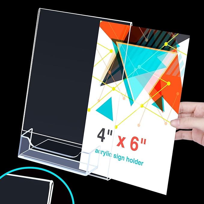 Remerry 12 Pcs Acrylic Sign Holder with Business Card Holder Slanted Paper Stand Clear Brochure Display Stand Heavy Duty Plastic Signs for Office Table Advertisement Flyer (4 x 6 Inch)