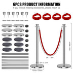 kaiyomi 6Pcs Stanchions with Red Velvet Ropes Set, 5 Feet Velvet Ropes and Posts Poles for Red Carpet Party Decoration and 360° Photo Booth (Silver)
