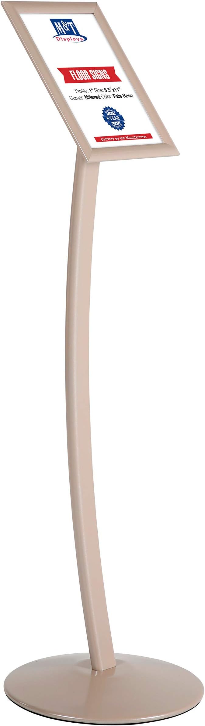 M&T Displays Curved Menu Board, 8.5x11 Pedestal Sign Holder Pale Rose Floor Standing Aluminum Front Loading Easy Open Poster Message Advertisement Holder For Restaurant Cafe Hotel