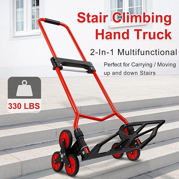 Foldable 6-Wheel Stair Climbing Dolly - 180Lbs Capacity, Telescopic Handle & Bungee Cord - Portable Hand Truck for Stairs, Moving & Deliveries
