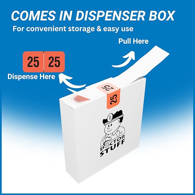 2025 Year Labels, Doctor Stuff 2025 Chart Stickers, Fluorescent Red Color Coded, USA Made Year Stickers for End Tab File Folders, 500 Labels/Roll in a Dispenser Box, 3/4" x 1-1/2"