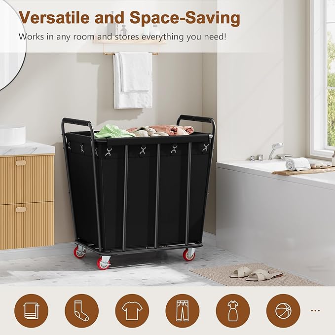 Hoctieon Large Laundry Cart with Wheels, 400L Heavy Duty Laundry Basket Organizer, Rolling Hamper Sorter for Clothes Storage, Industrial Dirty Clothes Hamper for Home & Hotel, Black