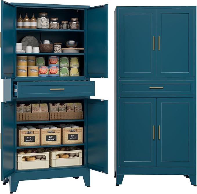 COFaR 71" Pantry Cabinet with Drawer, Peacock Blue Storage Cabinet with Adjustable Shelves, 3-Section Modern Statement Cupboard for Kitchen & Bathroom