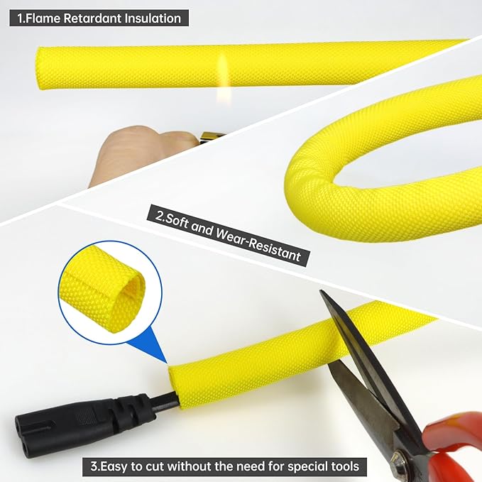 Split Braided Cable Sleeve，Flexible Wire Loom Tubing, Automotive Cord Protector Pet Proof, Cable Management for Computer TV Electric Wires Harness 16ft (Yellow, 5mm（3/16")