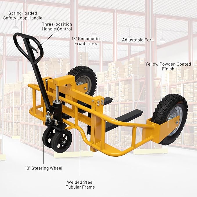 All Terrain Manual Pallet Truck with Guardrail, 2500 lbs Manual Pallet Lift Jack, Pallet Jack 3-Function Hand Pallet Trucks with Wheels, Adjustable Width Fork and Handle, 65.75"W x 55.35"D x 50.39"H