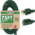 75 Foot Outdoor Extension Cord - 16/3 SJTW Green 16 Gauge Electrical Cable with 3 Prong Grounded Plug - Great for Powering Christmas Lights