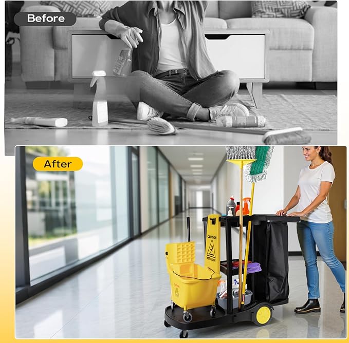 ALANNG Cleaning Cart for Housekeeping & Commercial Use, Janitorial Service Cart with 15 Disposable Trash Bags, Hotel Office School Cleaning Trolley (Black, 1 Pack)