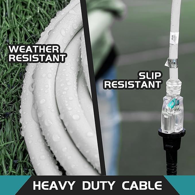 3-Outlets Indoor Outdoor Extension Cord Weatherproof with Lighted End, UL Listed, 14 Gauge 30FT White 3 Prong Heavy Duty, 14/3 SJTW 15A Power Cord
