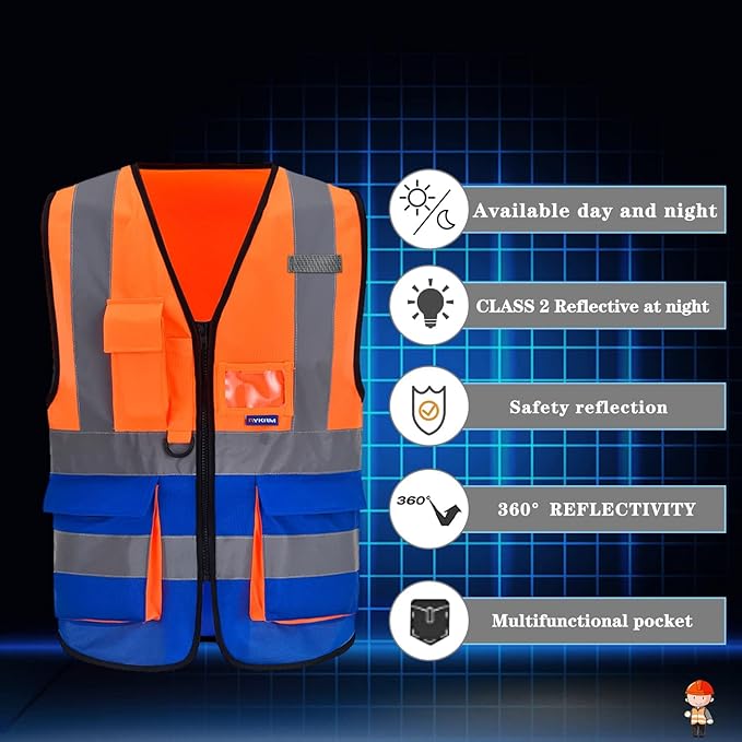 A-SAFETY Safety Vest High Visibility Working Vest with Dual Tone High Reflective Strips Orange&Blue Color Mixed Medium
